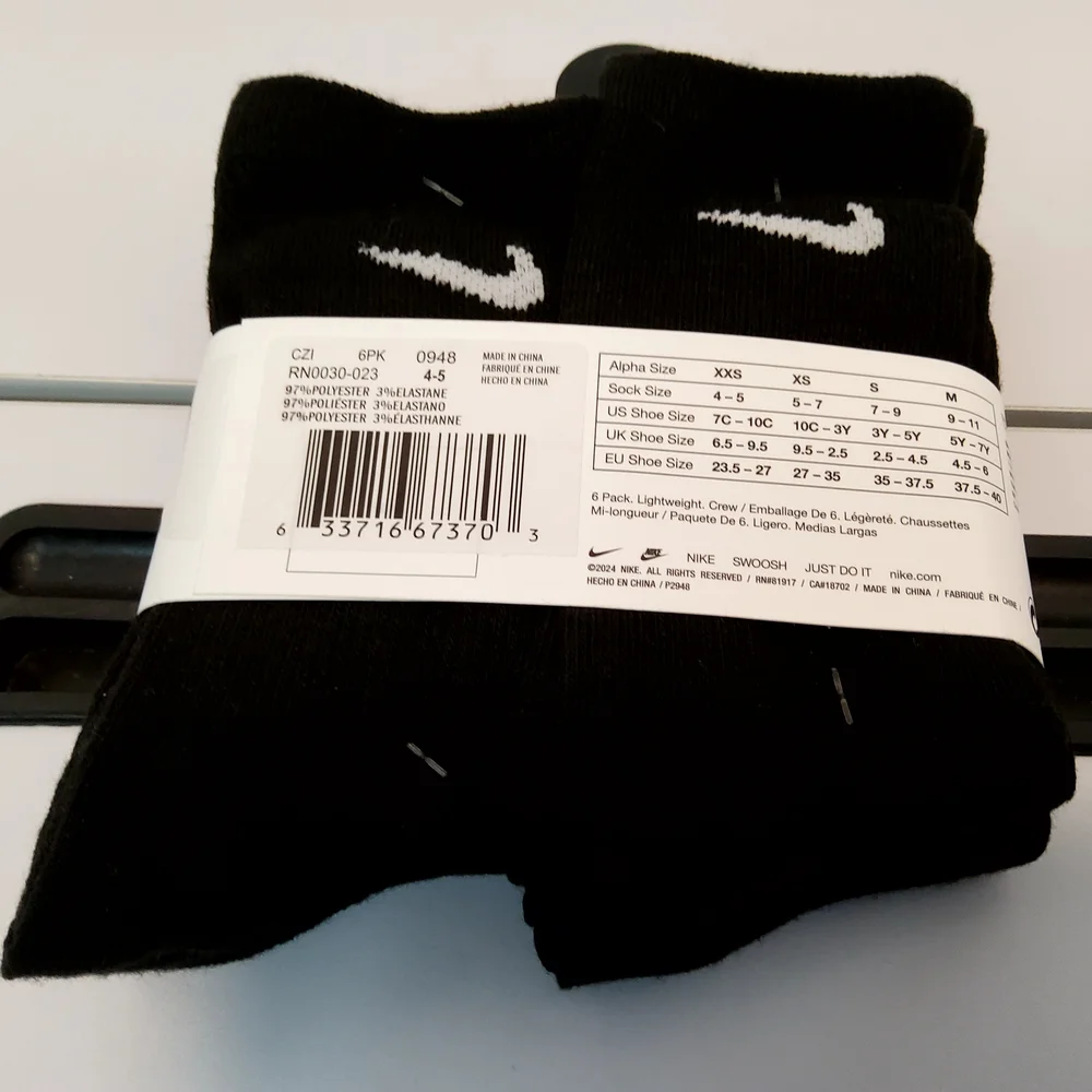 Nike Boys Black 6 Pairs Crew Socks Dri Fit XXS 7C-10C RN0030 023 New With Tags - Picture 2 of 4